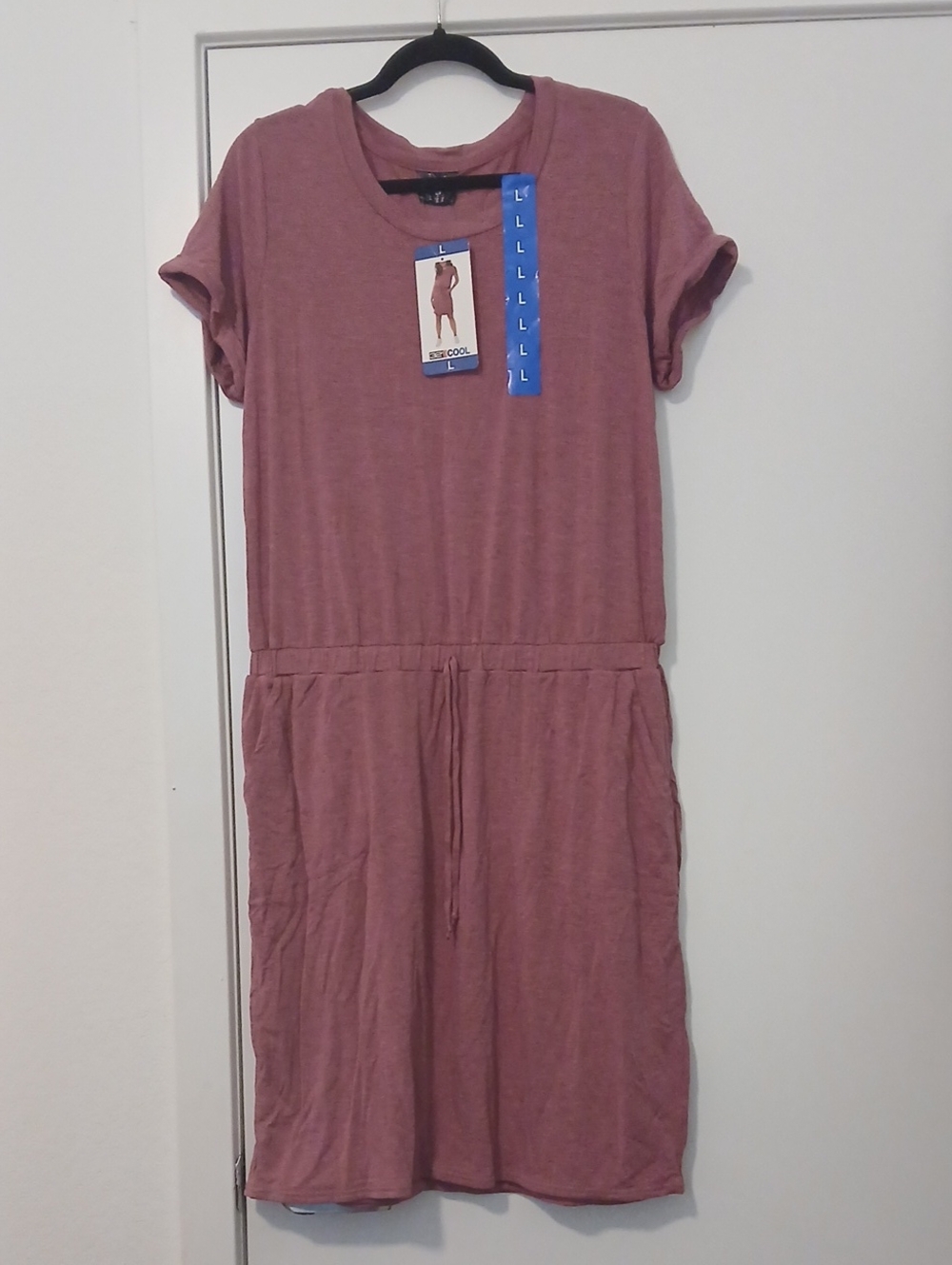 Dusty Rose Short-Sleeve Midi Dress with Drawstring Waist